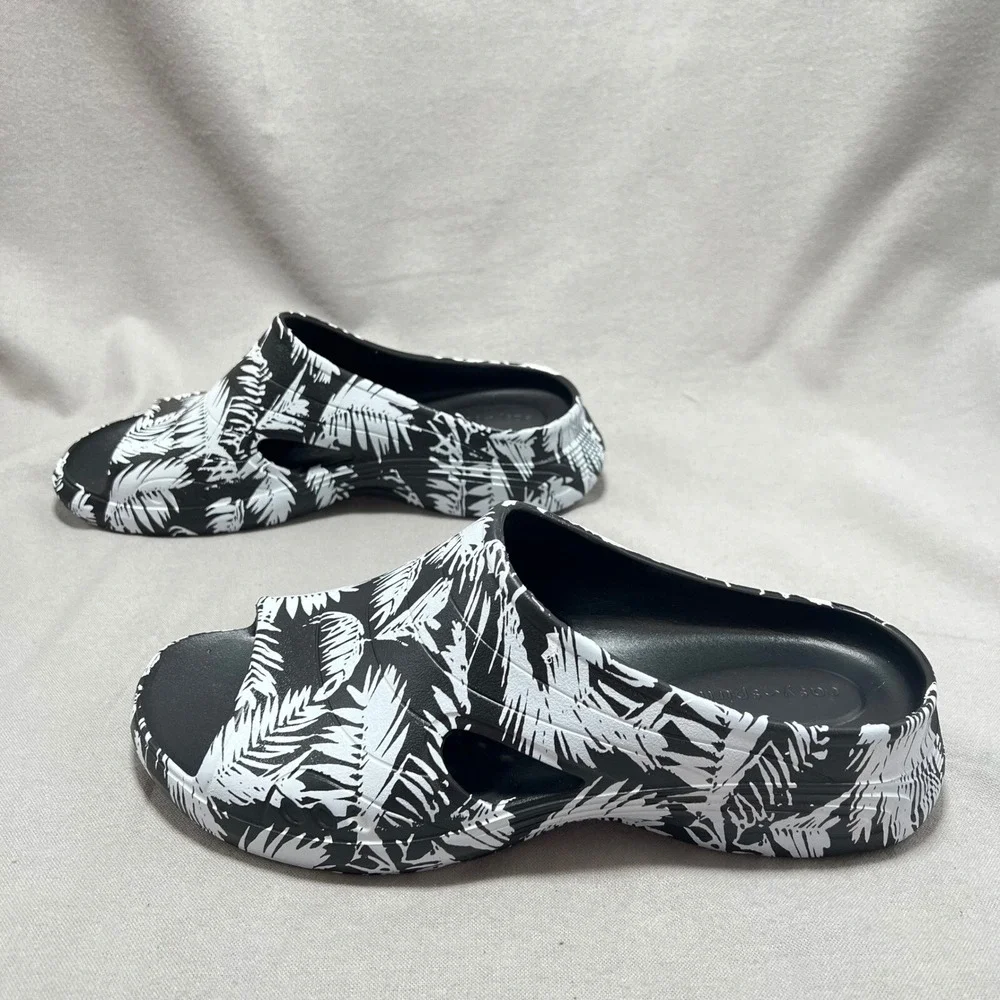 Easy‎ Spirit Tess Slides Comfort Sandals Black White Palm Print Tropical 8M